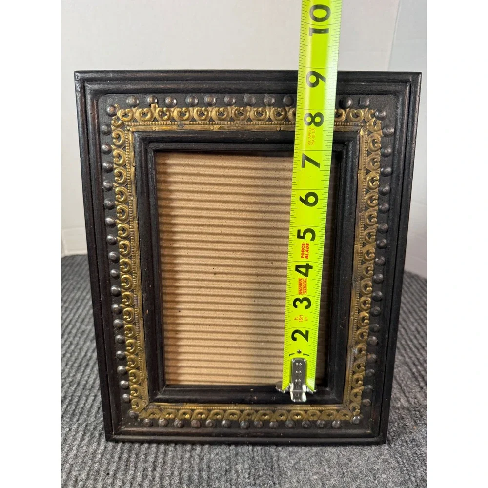 Vintage Black Wood Picture Frame Gold Brass Scrolled Inlay Studded 5x7 Opening